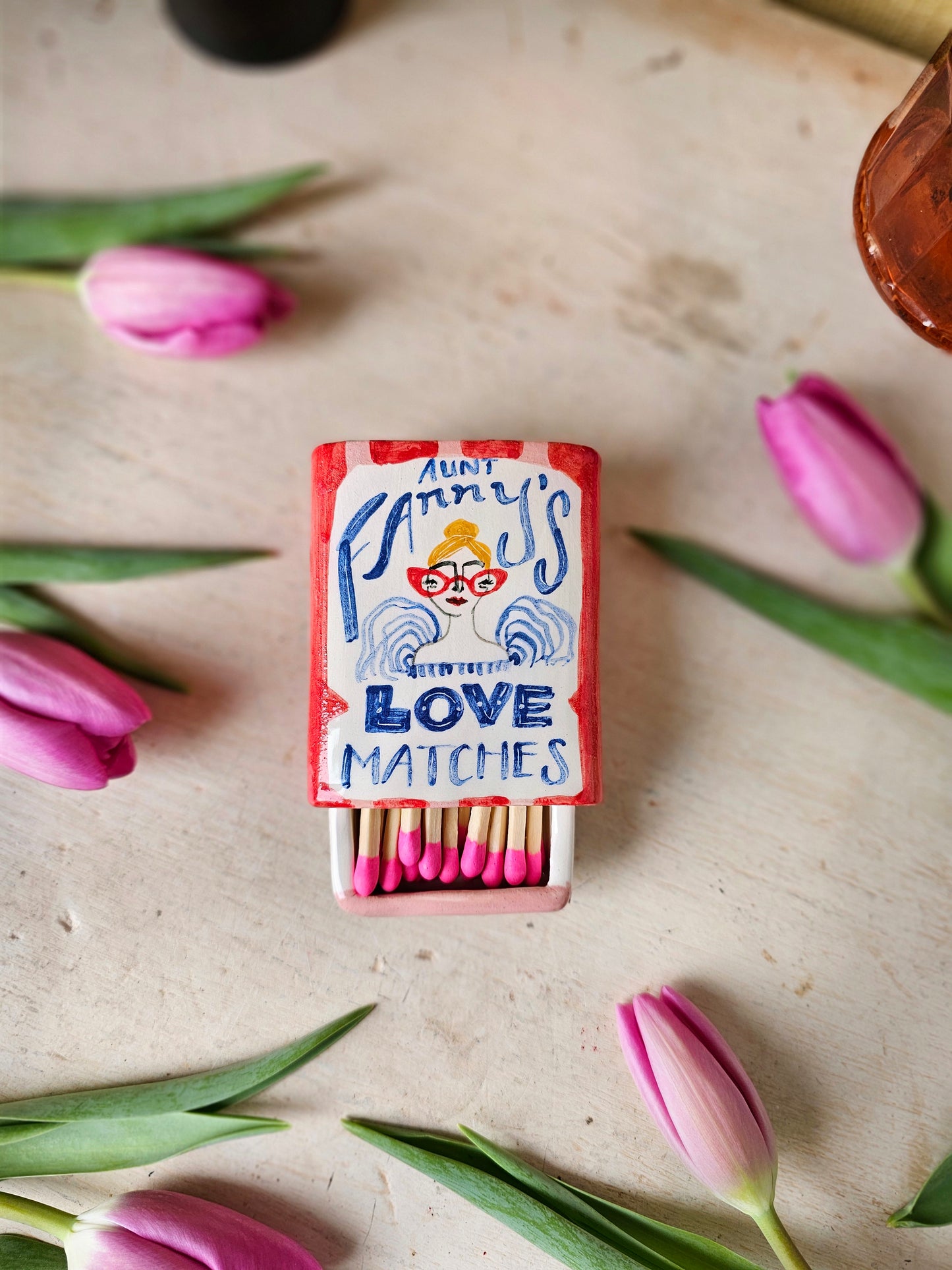 Made to order: Aunt Fanny's Love Match small ceramic matchbox red and pink small