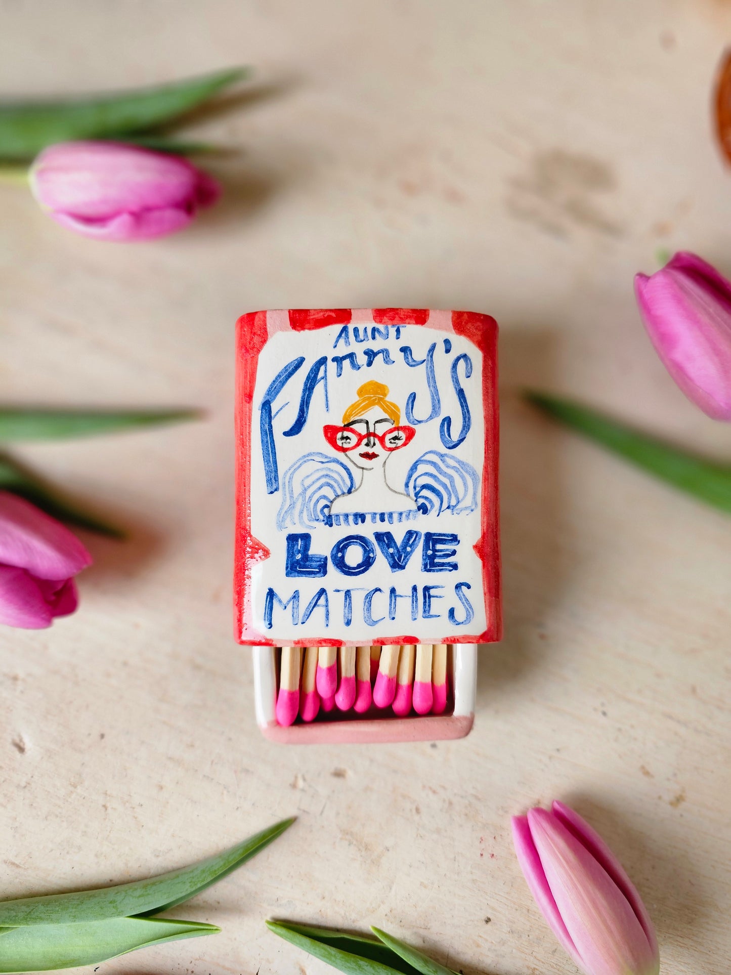 Made to order: Aunt Fanny's Love Match small ceramic matchbox red and pink small