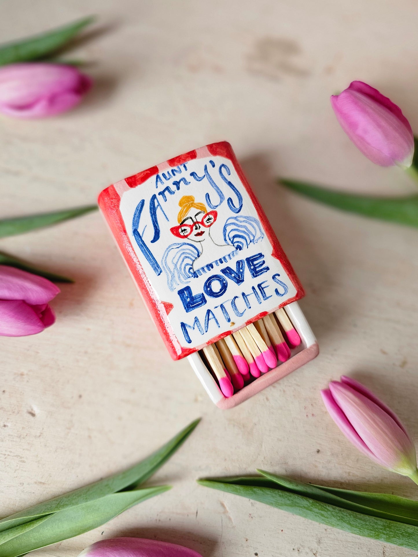 Made to order: Aunt Fanny's Love Match small ceramic matchbox red and pink small