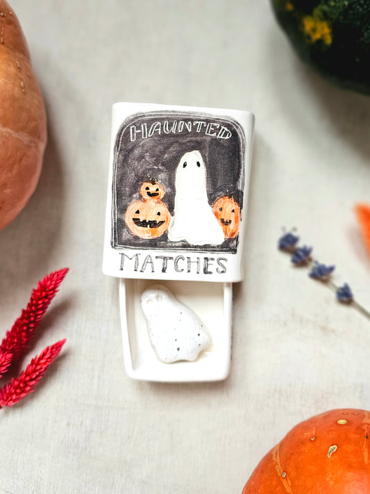 The haunted small ceramic matchbox with mini ghost