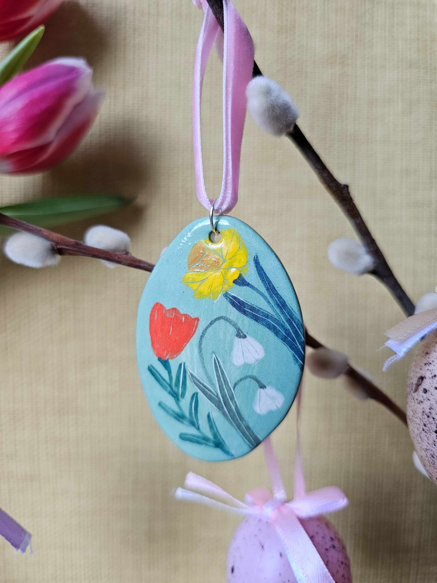 Easter egg handmade ceramic hanging Easter ornament green