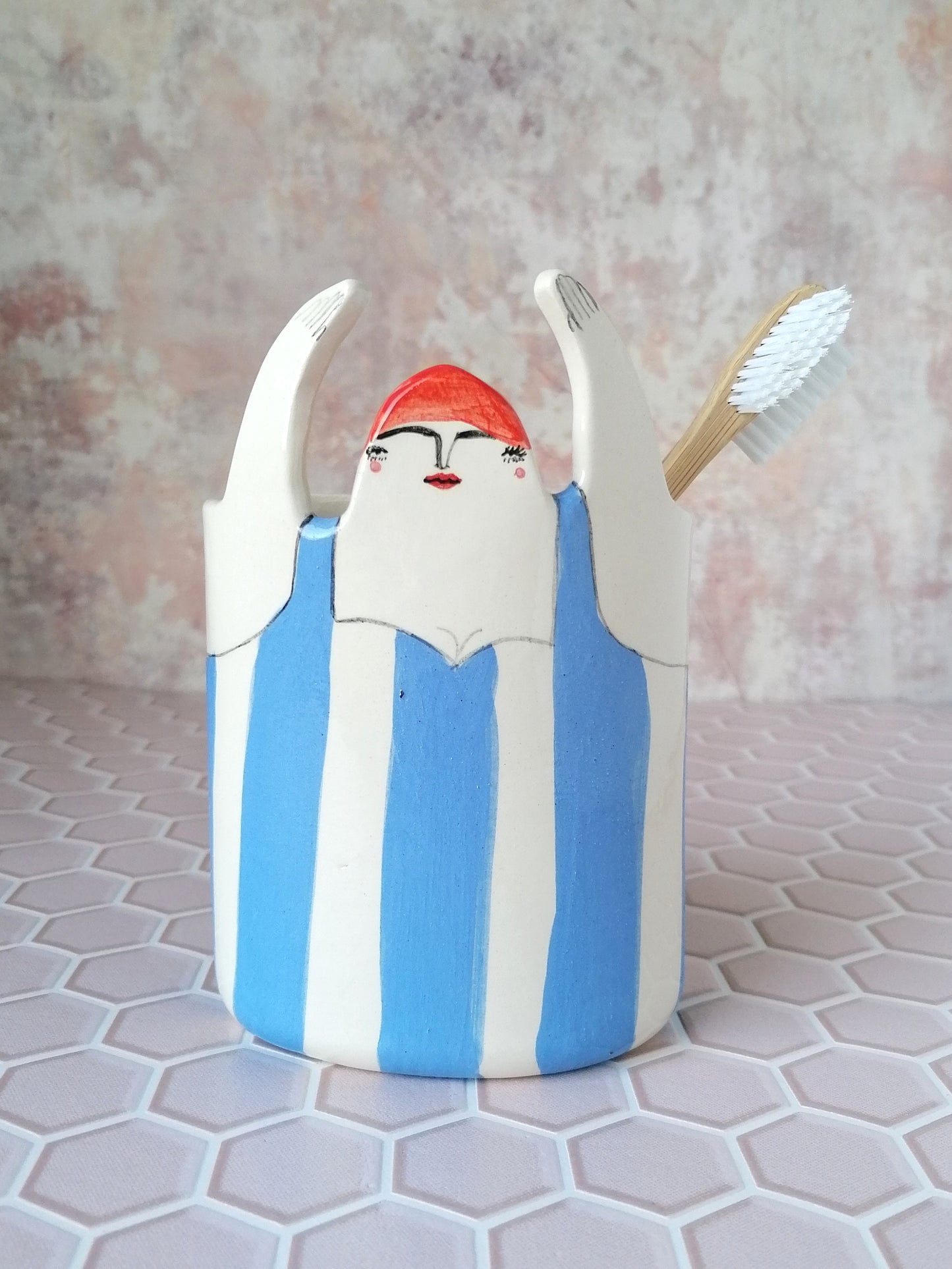 Sylvia the swimmer handmade ceramic pot toothbrush holder