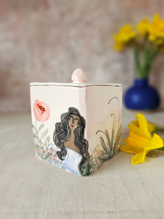 Yolanda's garden hand-painted ceramic lidded jar